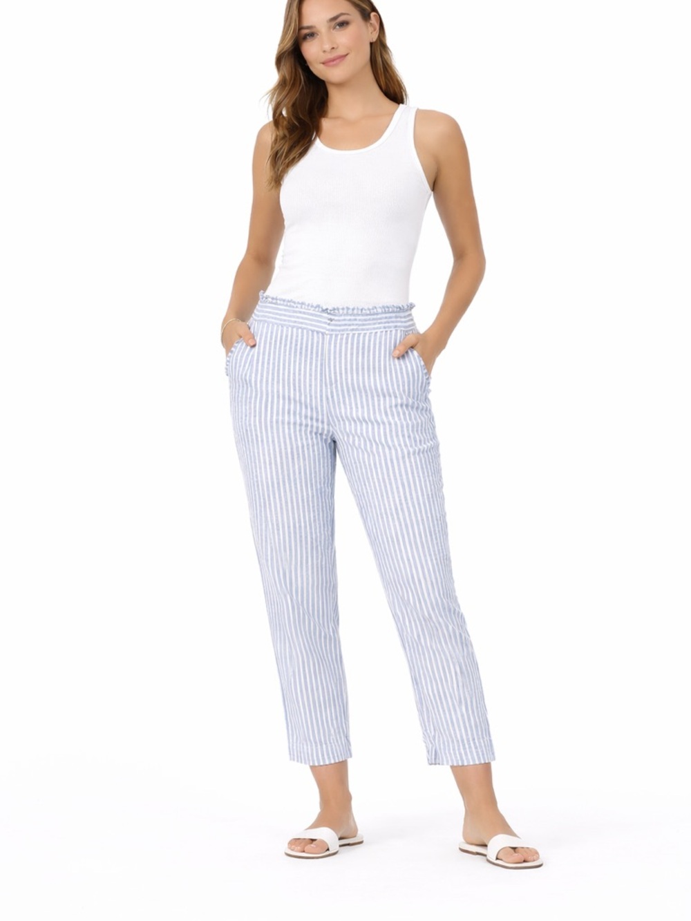 EUC Crown & Ivy Linen Size 8 Light Blue and White Striped Pants with Ruffles